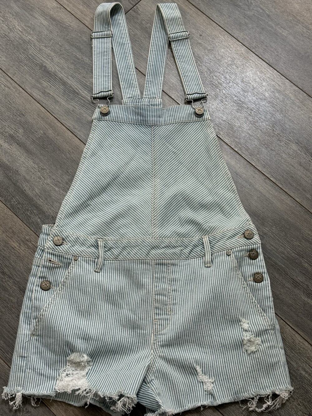 Unpublished Denim Coverall Shorts Womens Striped Light Wash Blue Conductor